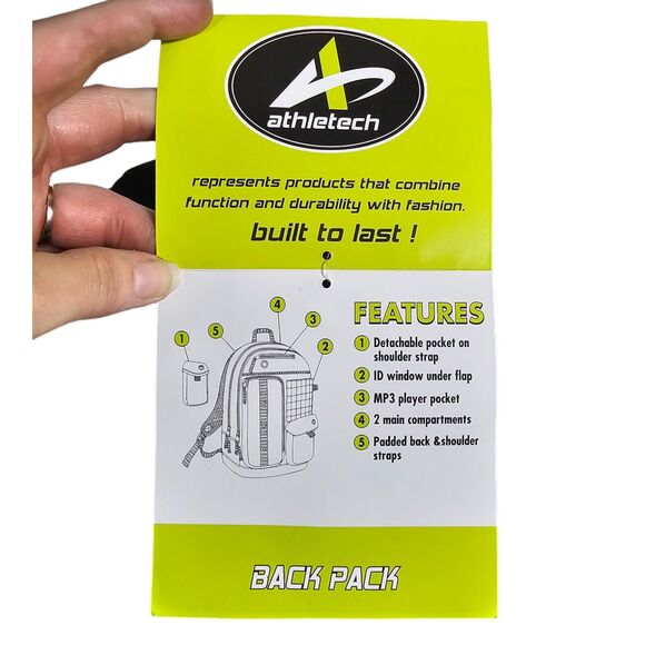 New Athletech Black Backpack Multi Pocket Mp3 Player Pocket Padded Shoulders - Picture 5 of 8